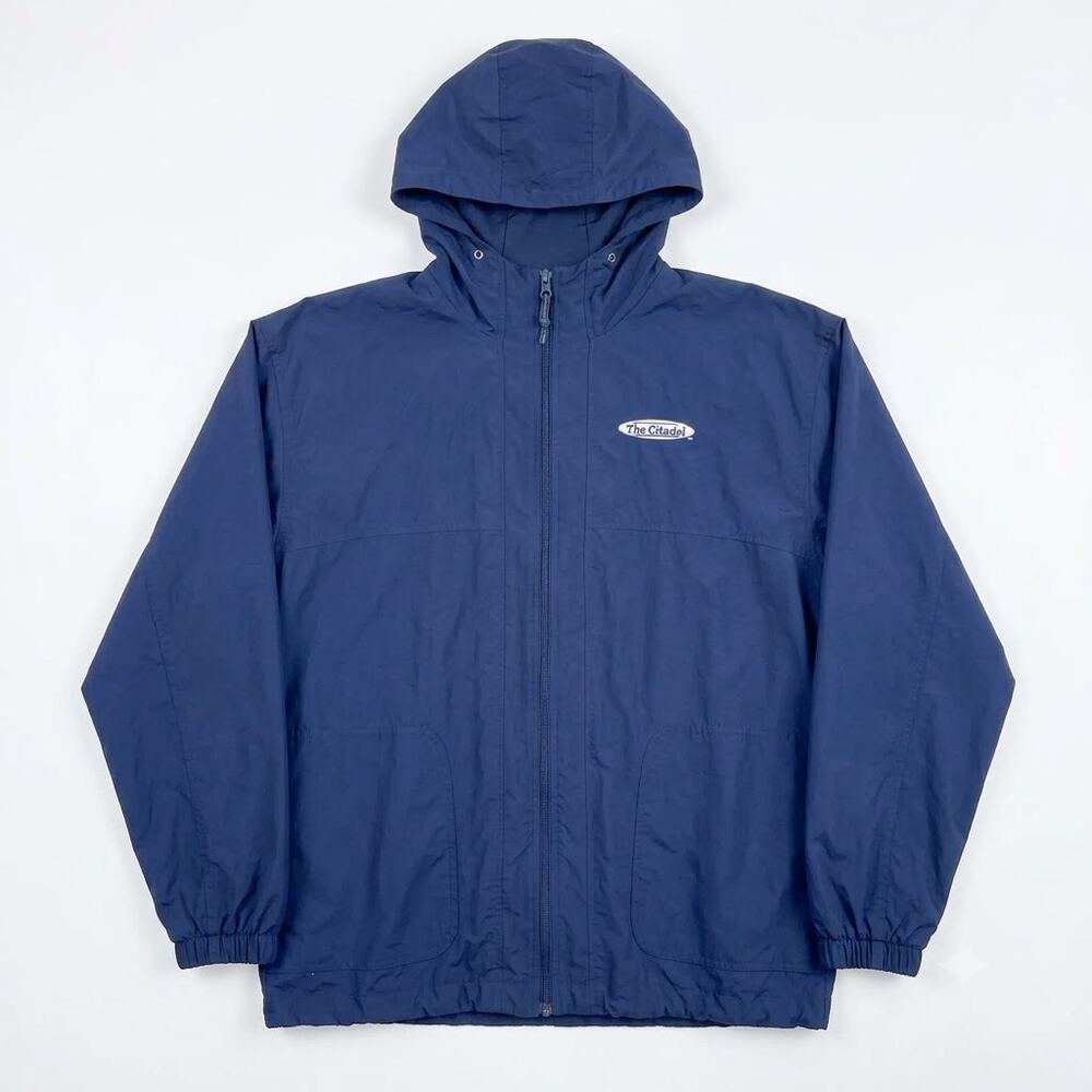 The Citadel Vintage Windbreaker Rain Jacket Blue Hooded Full Zip Mens Large